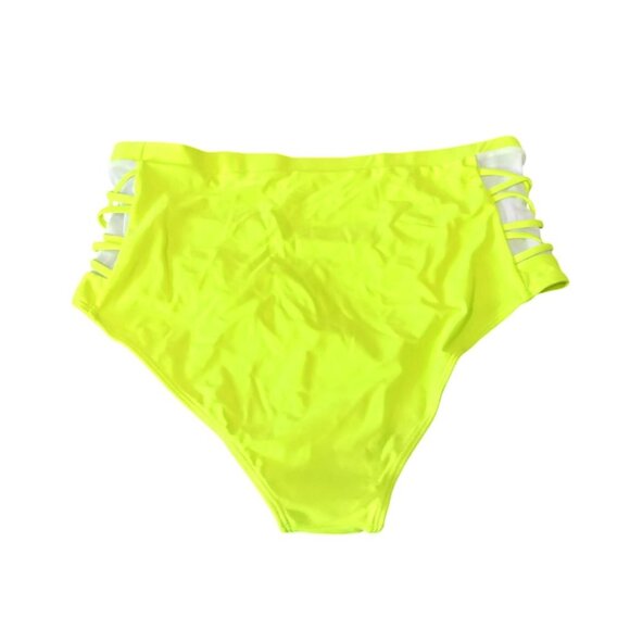 Neon Yellow V-Neck Halter Top High Waisted Mesh Sides Bottom Bikini Set Size 2XL - Picture 7 of 10